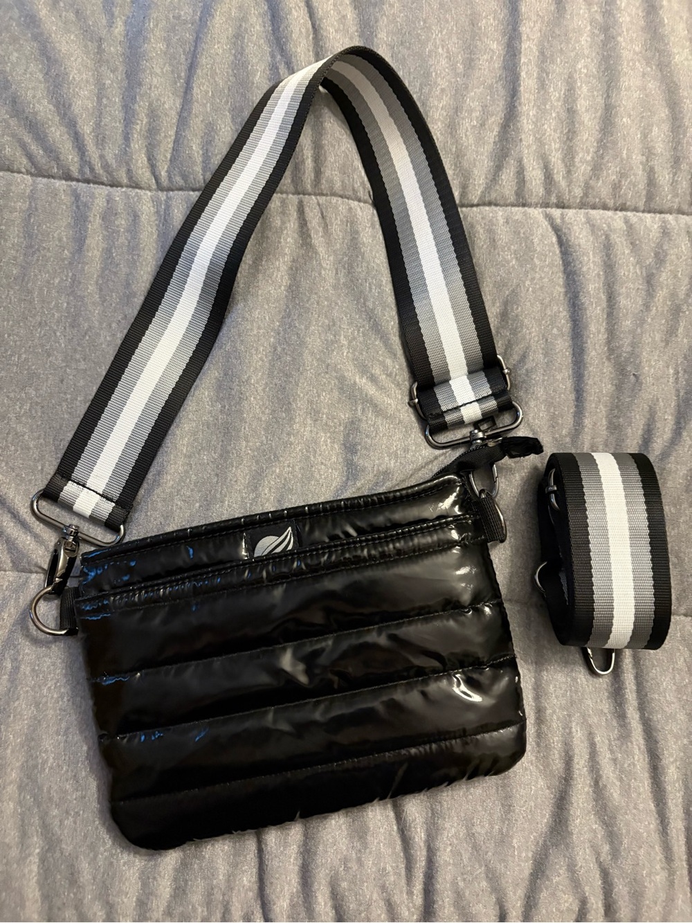 THINK ROYLN Black Quilted Crossbody/Belt Bag with 2 Black-White Striped Straps